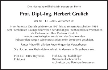 Traueranzeige von Herbert Grulich von Trauerportal Rhein Main Presse