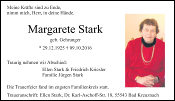 Traueranzeige von Margarete Stark von Trauerportal Echo Online