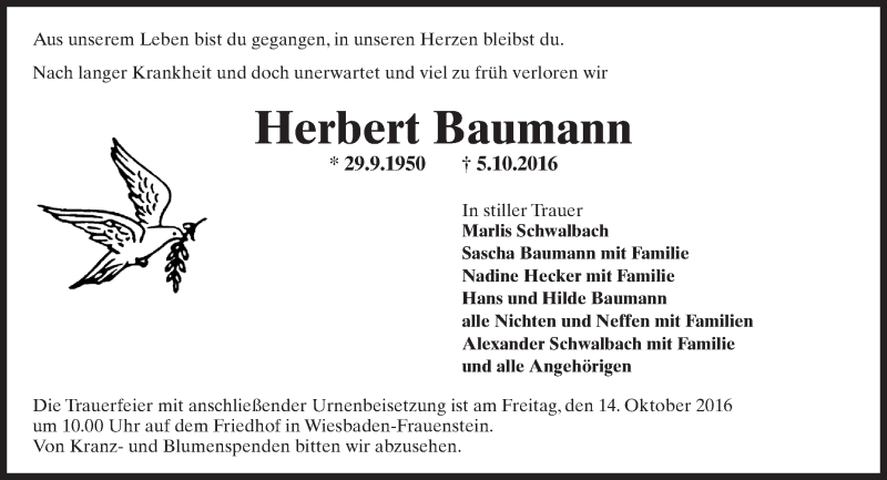  Traueranzeige für Herbert Baumann vom 08.10.2016 aus Trauerportal Rhein Main Presse