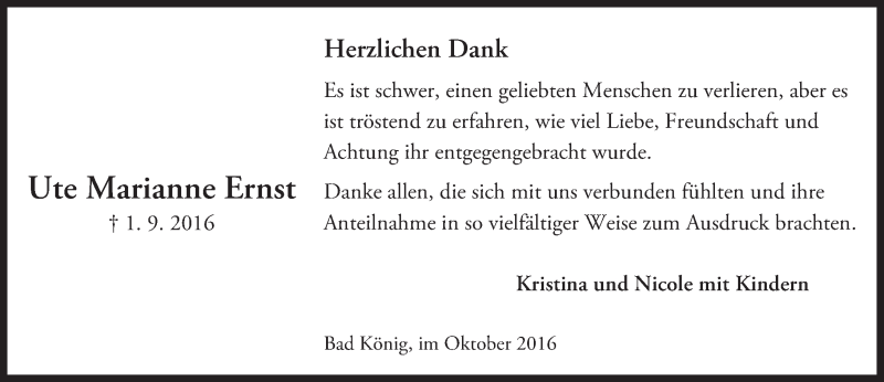  Traueranzeige für Ute Marianne Ernst vom 08.10.2016 aus Trauerportal Echo Online