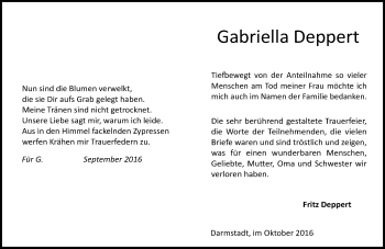 Traueranzeige von Gabriella Deppert von Trauerportal Echo Online