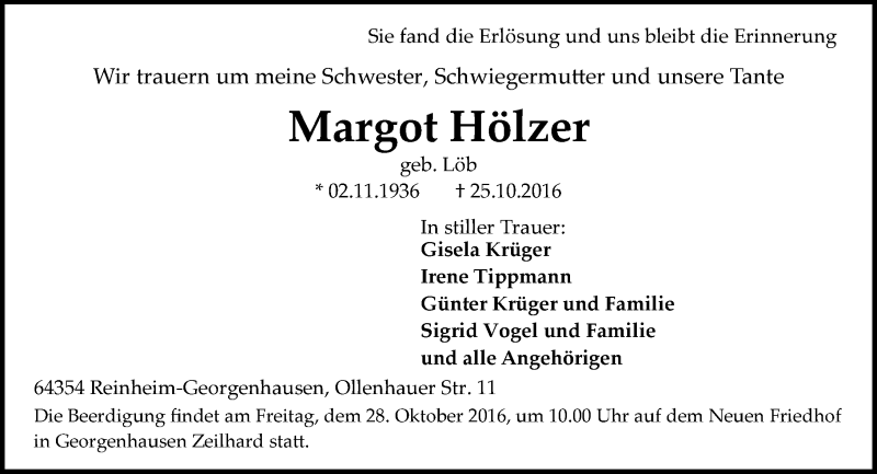  Traueranzeige für Margot Hölzer vom 27.10.2016 aus Trauerportal Echo Online