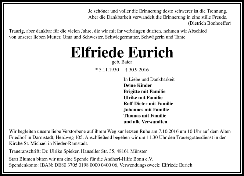  Traueranzeige für Elfriede Eurich vom 04.10.2016 aus Trauerportal Echo Online