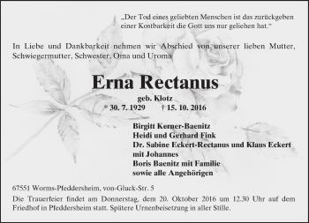 Traueranzeige von Erna Rectanus von Trauerportal Rhein Main Presse