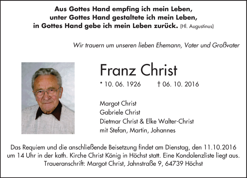  Traueranzeige für Franz Christ vom 08.10.2016 aus Trauerportal Echo Online