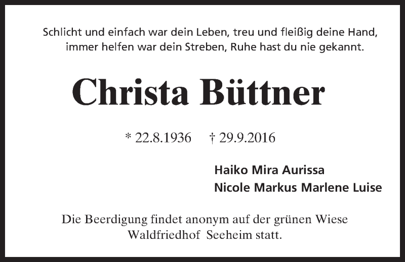  Traueranzeige für Christa Büttner vom 05.10.2016 aus Trauerportal Echo Online
