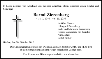 Traueranzeige von Bernd Zierenberg von  Gießener Anzeiger