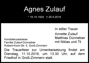 Traueranzeige von Agnes Zulauf von Trauerportal Echo Online