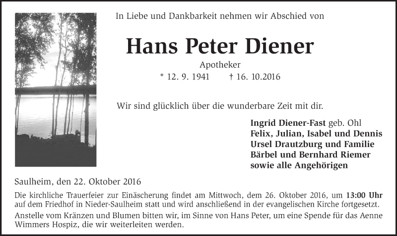  Traueranzeige für Hans Peter Diener vom 22.10.2016 aus Trauerportal Rhein Main Presse