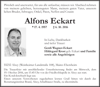 Traueranzeige von Alfons Eckart von Trauerportal Rhein Main Presse