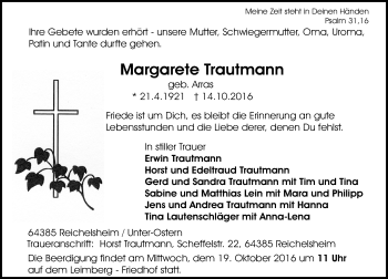 Traueranzeige von Margarete Trautmann von Trauerportal Echo Online