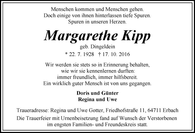  Traueranzeige für Margarethe Kipp vom 29.10.2016 aus Trauerportal Echo Online