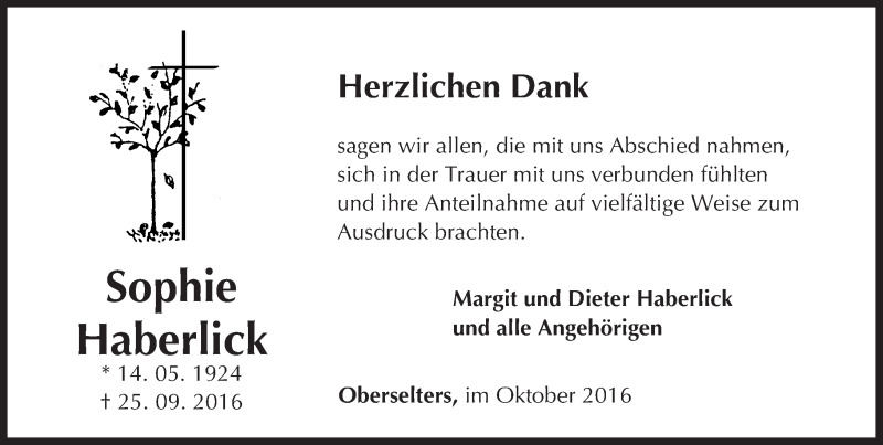  Traueranzeige für Sophie Haberlick vom 27.10.2016 aus  Camberger Anzeiger