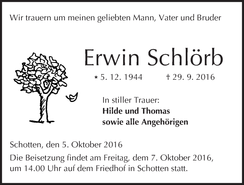  Traueranzeige für Erwin Schlörb vom 05.10.2016 aus  Kreisanzeiger