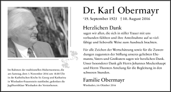 Traueranzeige von Karl Obermayr von Trauerportal Rhein Main Presse