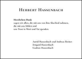 Traueranzeige von Herbert Hassenbach von Trauerportal Rhein Main Presse