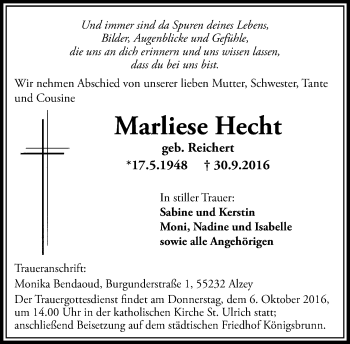 Traueranzeige von Marliese Hecht von Trauerportal Rhein Main Presse