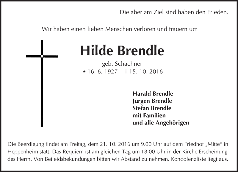  Traueranzeige für Hilde Brendle vom 19.10.2016 aus Trauerportal Echo Online