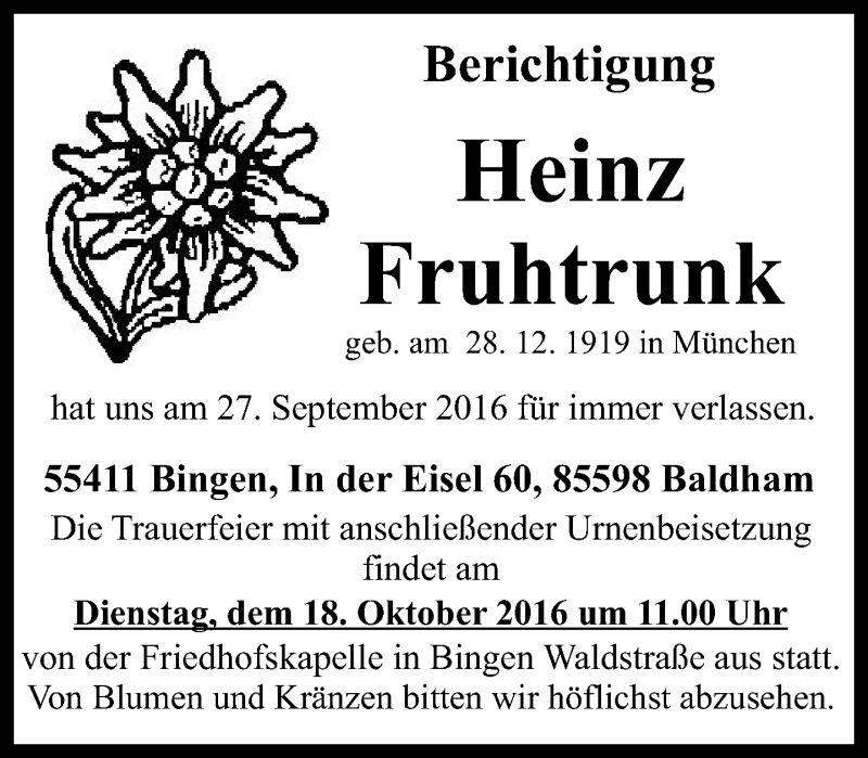  Traueranzeige für Heinz Fruhtrunk vom 10.10.2016 aus Trauerportal Rhein Main Presse