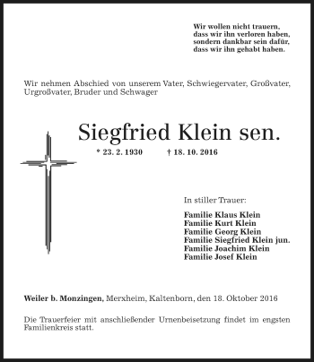 Traueranzeige von Siegfried Klein von Trauerportal Rhein Main Presse