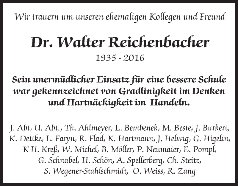  Traueranzeige für Walter Reichenbacher vom 08.10.2016 aus Trauerportal Rhein Main Presse