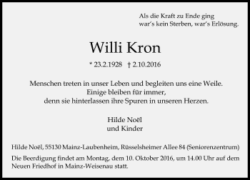 Traueranzeige von Willi Kron von Trauerportal Rhein Main Presse