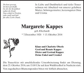 Traueranzeige von Margarete Kappes von Trauerportal Echo Online