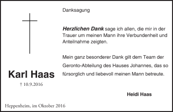 Traueranzeige von Karl Haas von Trauerportal Echo Online