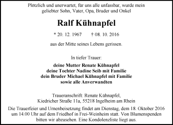Traueranzeige von Ralf Kühnapfel von Trauerportal Rhein Main Presse