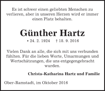 Traueranzeige von Günther Hartz von Trauerportal Echo Online