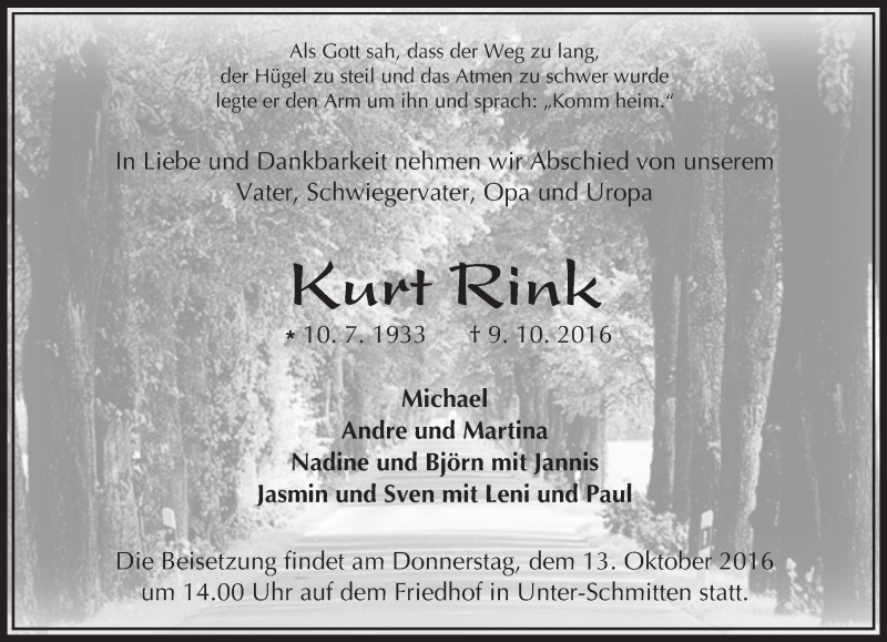  Traueranzeige für Kurt Rink vom 11.10.2016 aus  Kreisanzeiger