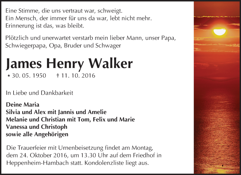  Traueranzeige für James Henry Walker vom 20.10.2016 aus Trauerportal Echo Online