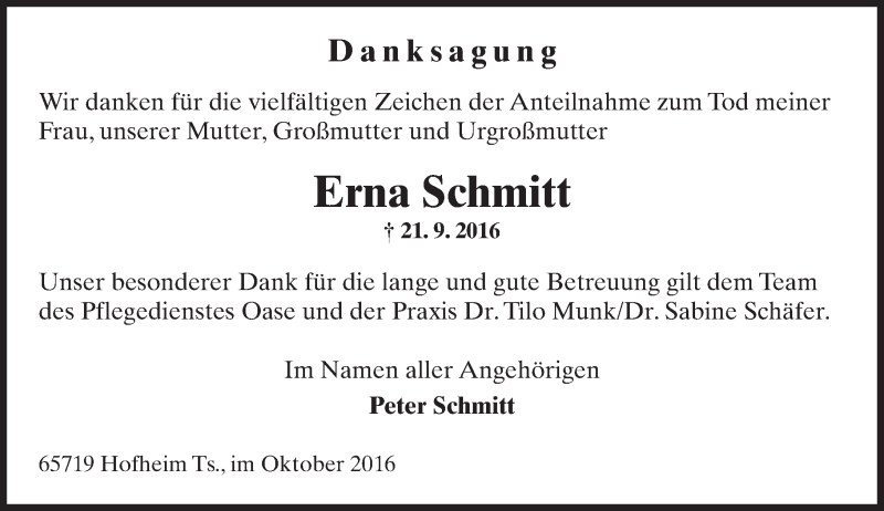  Traueranzeige für Erna Schmitt vom 21.10.2016 aus Trauerportal Rhein Main Presse