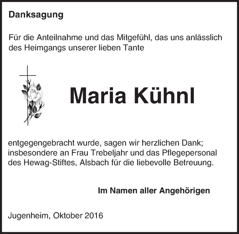 Traueranzeige für Maria Kühnl vom 15.10.2016 aus Trauerportal Echo Online