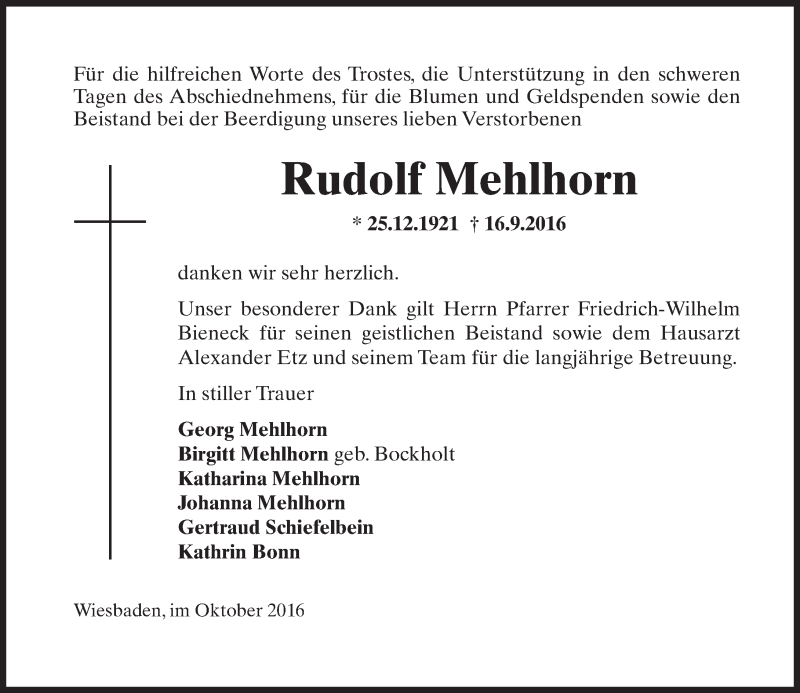  Traueranzeige für Rudolf Mehlhorn vom 22.10.2016 aus Trauerportal Rhein Main Presse