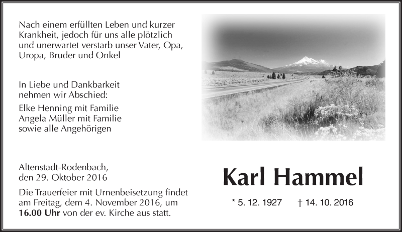  Traueranzeige für Karl Hammel vom 29.10.2016 aus  Kreisanzeiger