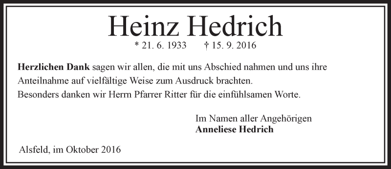  Traueranzeige für Heinz Hedrich vom 25.10.2016 aus VRM Trauer