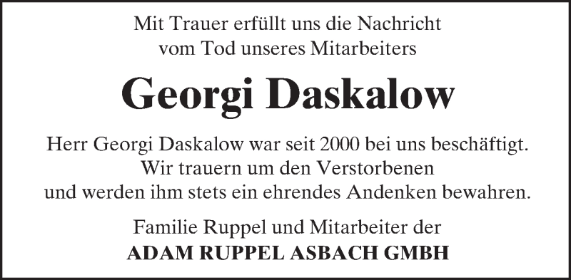  Traueranzeige für Georgi Daskalow vom 08.10.2016 aus Trauerportal Echo Online