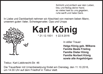 Traueranzeige von Karl König von Trauerportal Rhein Main Presse