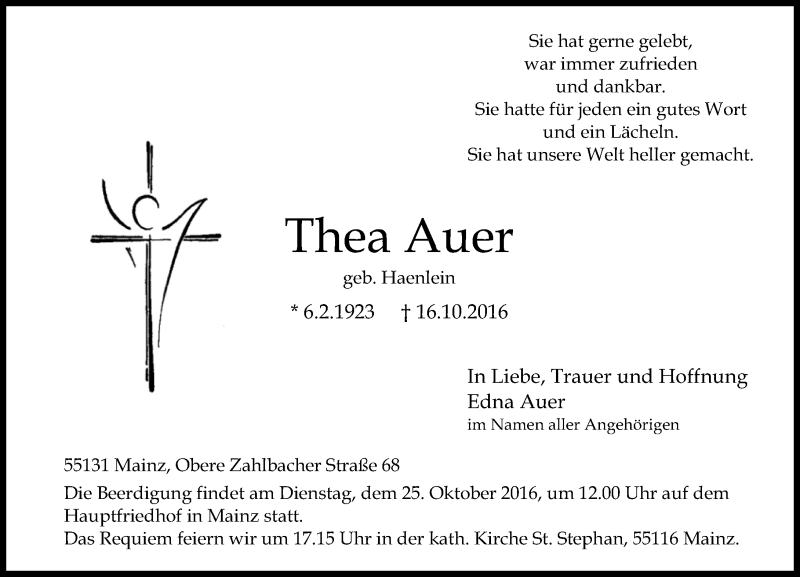  Traueranzeige für Thea Auer vom 22.10.2016 aus Trauerportal Rhein Main Presse