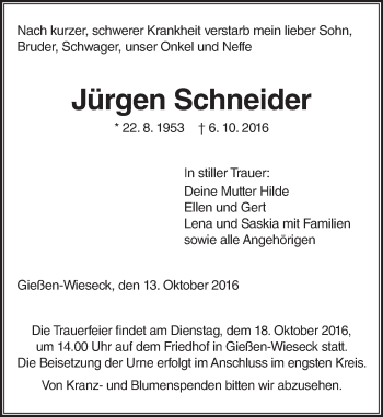 Traueranzeige von Jürgen Schneider von  Gießener Anzeiger