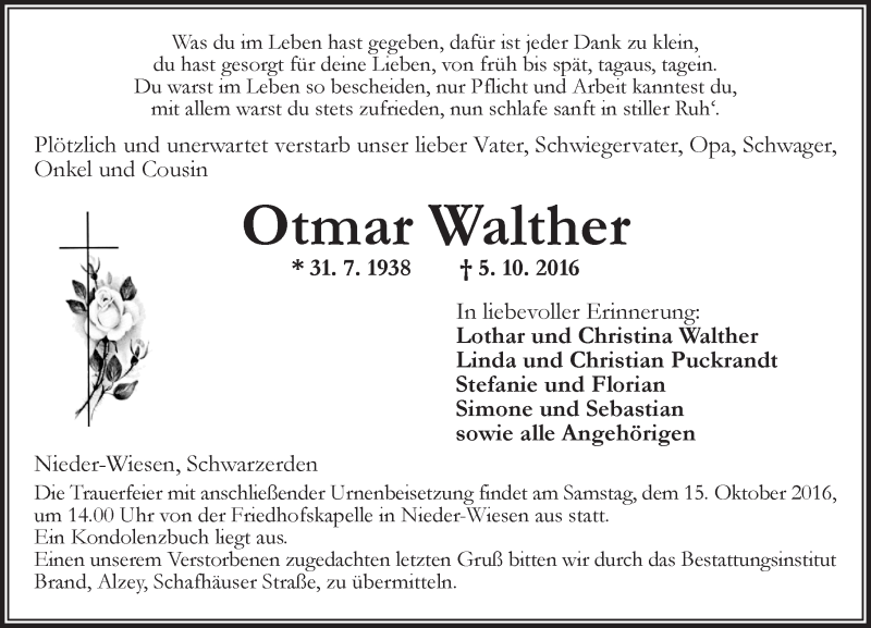  Traueranzeige für Otmar Walther vom 08.10.2016 aus Trauerportal Rhein Main Presse