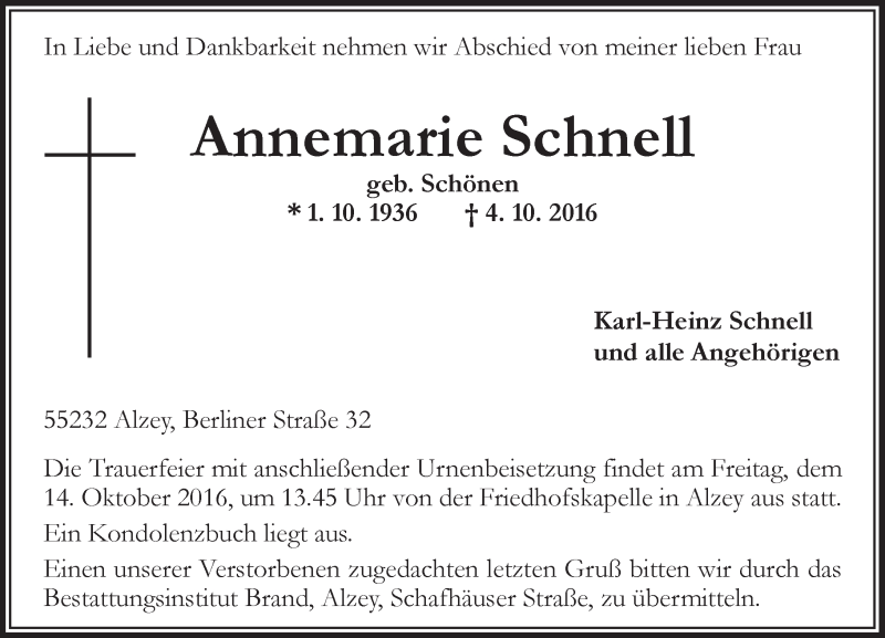  Traueranzeige für Annemarie Schnell vom 08.10.2016 aus Trauerportal Rhein Main Presse