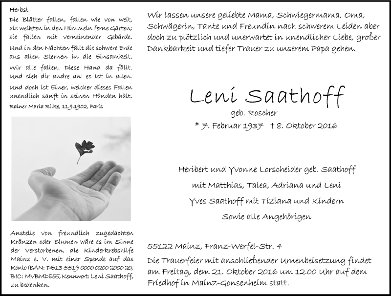  Traueranzeige für Leni Saathoff vom 15.10.2016 aus Trauerportal Rhein Main Presse
