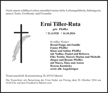 Traueranzeige von Erni Tiller-Ruta von Trauerportal Rhein Main Presse