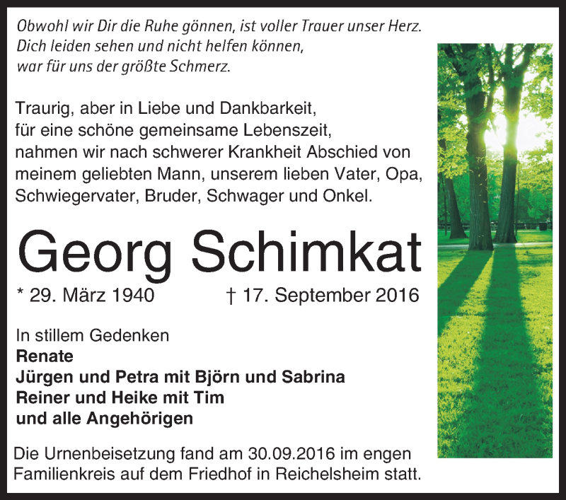  Traueranzeige für Georg Schimkat vom 01.10.2016 aus Echo Online