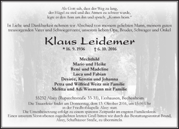Traueranzeige von Klaus Leidemer von Trauerportal Rhein Main Presse