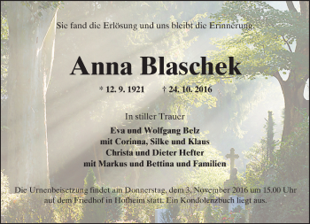 Traueranzeige von Anna Blaschek von Trauerportal Echo Online