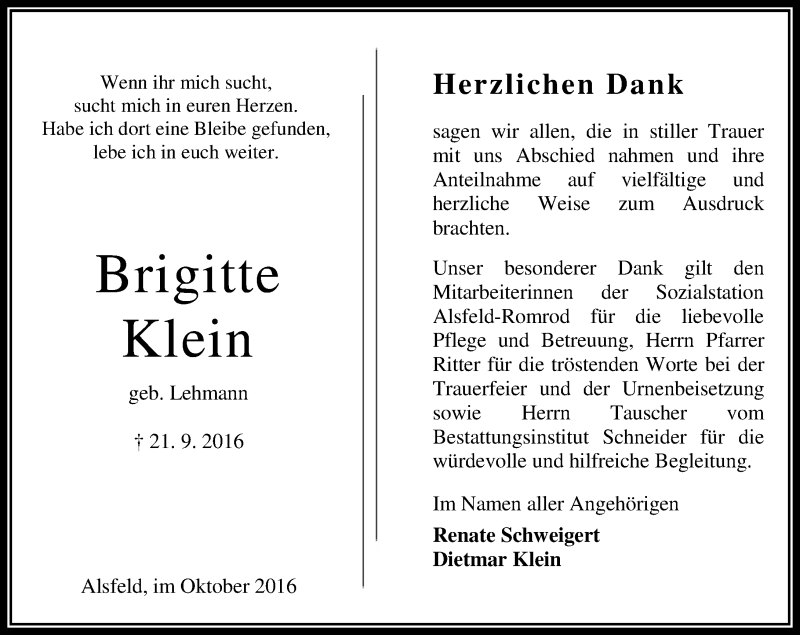  Traueranzeige für Brigitte Klein vom 29.10.2016 aus VRM Trauer