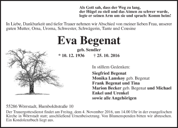 Traueranzeige von Eva Begenat von Trauerportal Rhein Main Presse